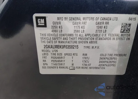 2015 GMC Terrain Sle-1 z USA, uszkodzony, nr VIN 2GKALMEK9F6358215